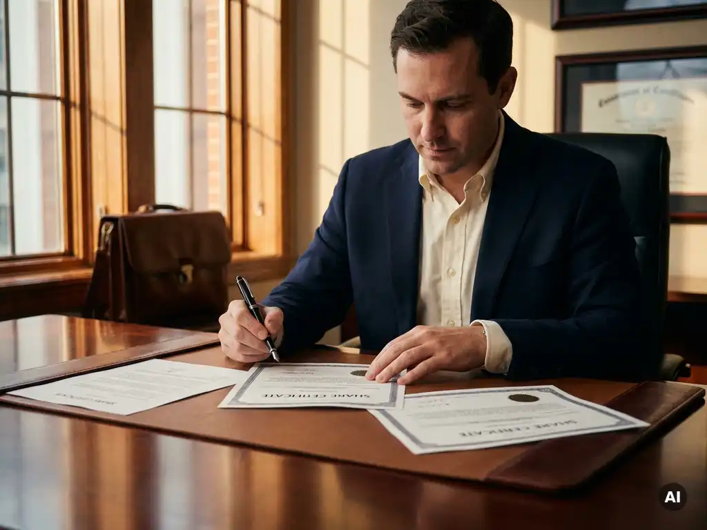 Ondernemer in smart-casual kleding ondertekent aandeelcertificaten aan houten bureau met vulpen, warm natuurlijk licht.