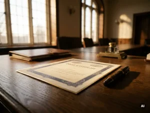 Aandeelcertificaat op een gepolijste eiken vergadertafel met een vulpen ernaast, warm middaglicht door hoge ramen.
