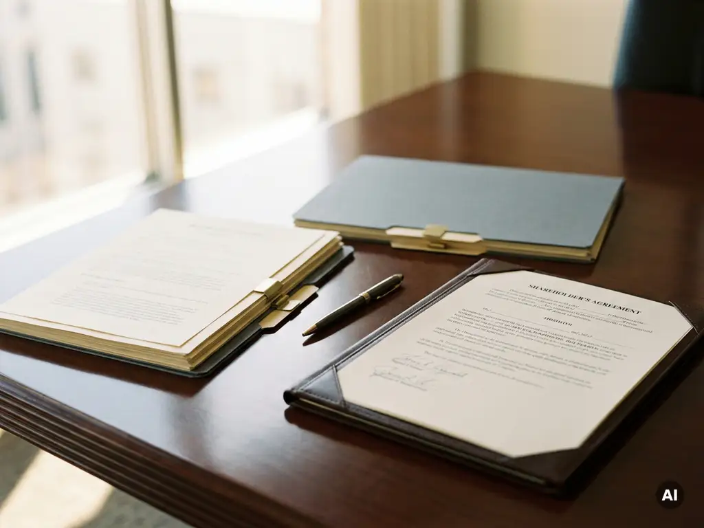 Ondertekend aandeelhouderscontract op vergadertafel met twee stapels bedrijfsdocumenten en een pen, warm natuurlijk licht.