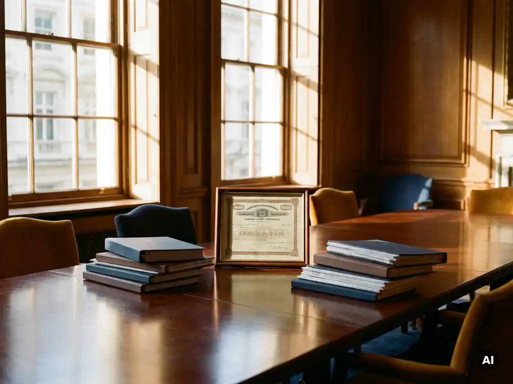 Aandelencertificaat op vergadertafel tussen twee stapels financiële documenten, verlicht door middagzon via hoge ramen.
