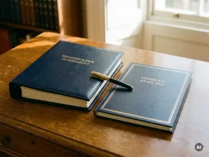 Aandeelhoudersovereenkomst en statuten op eikenhouten bureau met vulpen, in warm ochtendlicht.