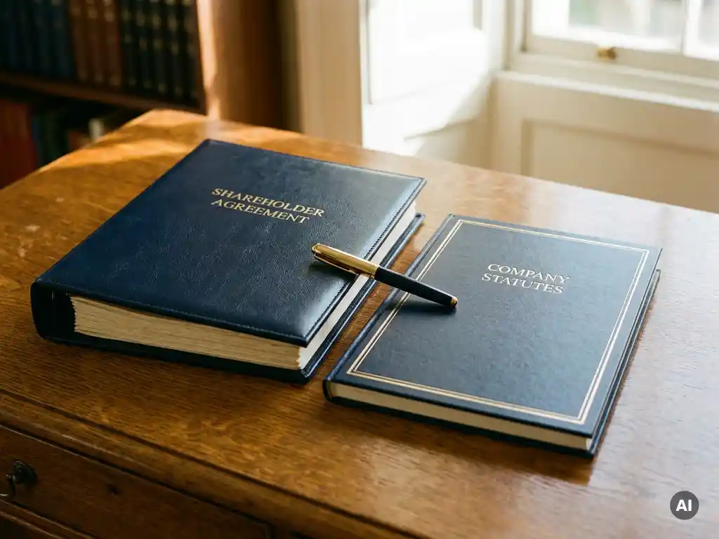 Aandeelhoudersovereenkomst en statuten op eikenhouten bureau met vulpen, in warm ochtendlicht.