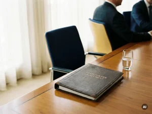 Open leren aandeelhoudersovereenkomst op vergadertafel met lege stoel, twee aanwezigen en ongedeerd glas water.