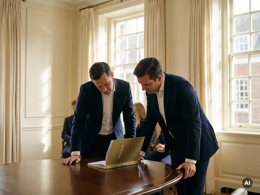 Twee zakelijke professionals buigen zich over een opengeslagen jaarverslag aan een ovale vergadertafel tijdens een aandeelhoudersvergadering.