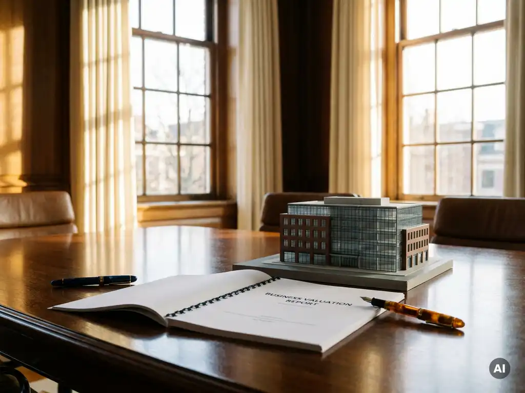 Opengeslagen bedrijfswaarderingsrapport op vergadertafel naast schaalmodel van kantoorpand, met twee vulpennen en warm middaglicht.