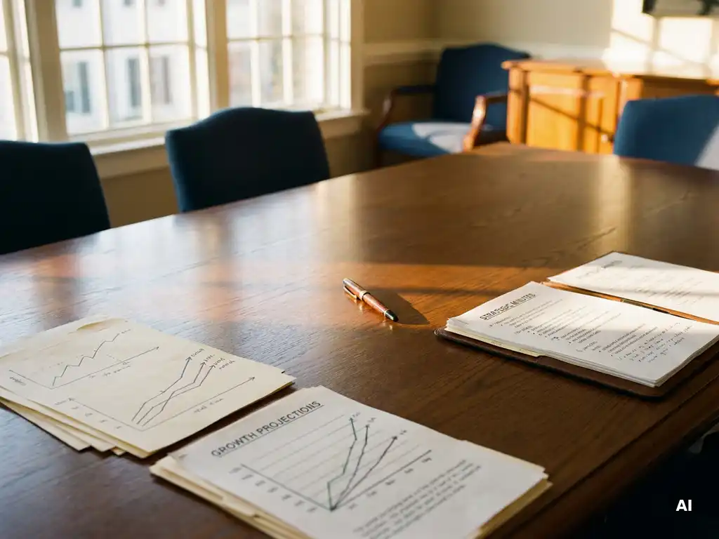 Gepolijste eiken vergadertafel met financiële groeigrafiek, notulen en gedeelde pen in ochtendlicht door hoge ramen.