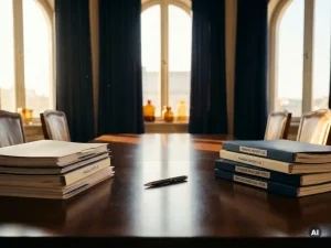 Twee stapels financiële rapporten gescheiden op een vergadertafel, met een pen ertussenin, warm middaglicht door hoge ramen.