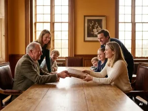 Multigenerationeel familiebedrijf: patriarch overhandigt leren grootboek aan jongere vrouw aan eikenhouten bestuurstafel, familieportret op achtergrond.