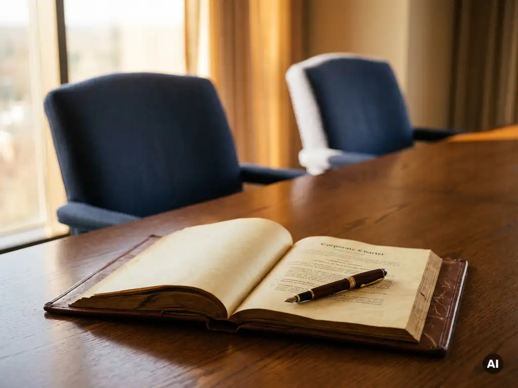 Verouderd leren bedrijfshandvest opengeslagen op een eikenhouten vergadertafel met een vulpen, lege directiestoelen op de achtergrond.