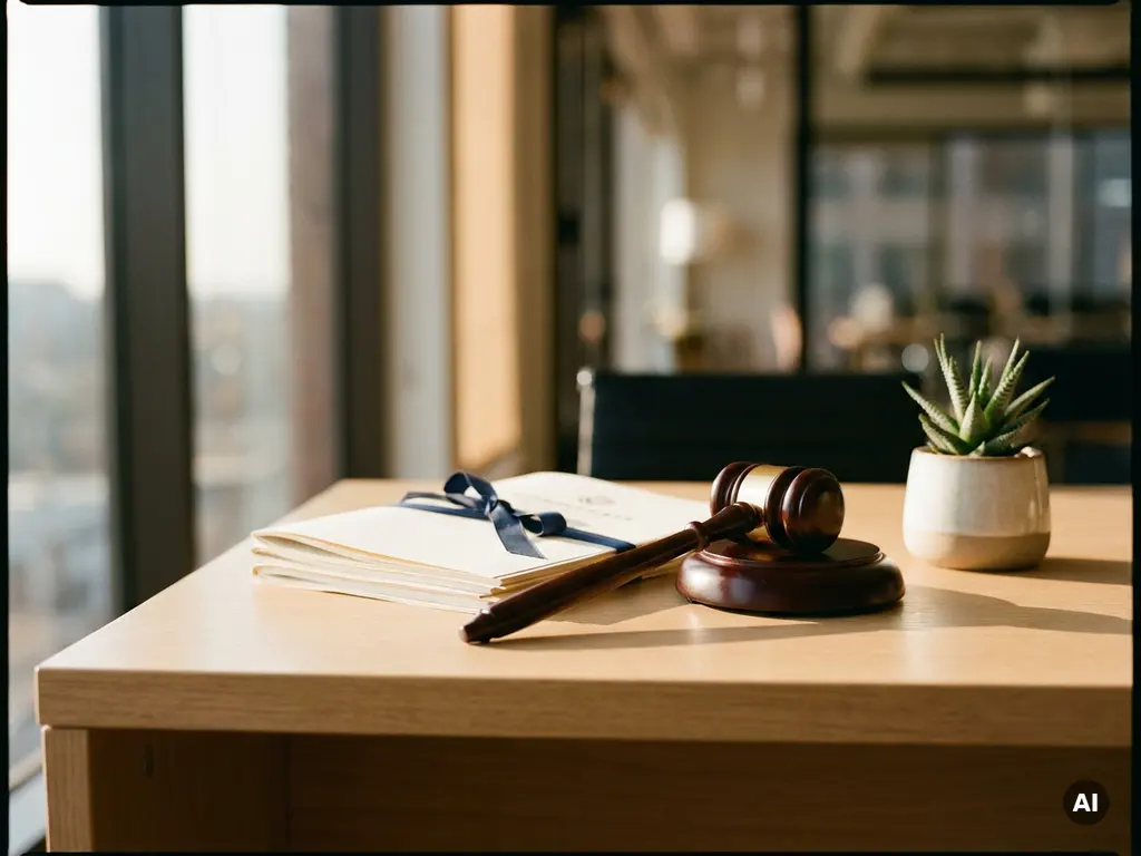 Houten hamer naast gestapelde bedrijfsdocumenten en een kleine plant op een modern bureau, warm natuurlijk licht.