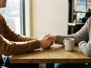 Twee mensen die elkaar de hand schudden aan een houten cafétafel met een koffiekopje, in warm natuurlijk licht.