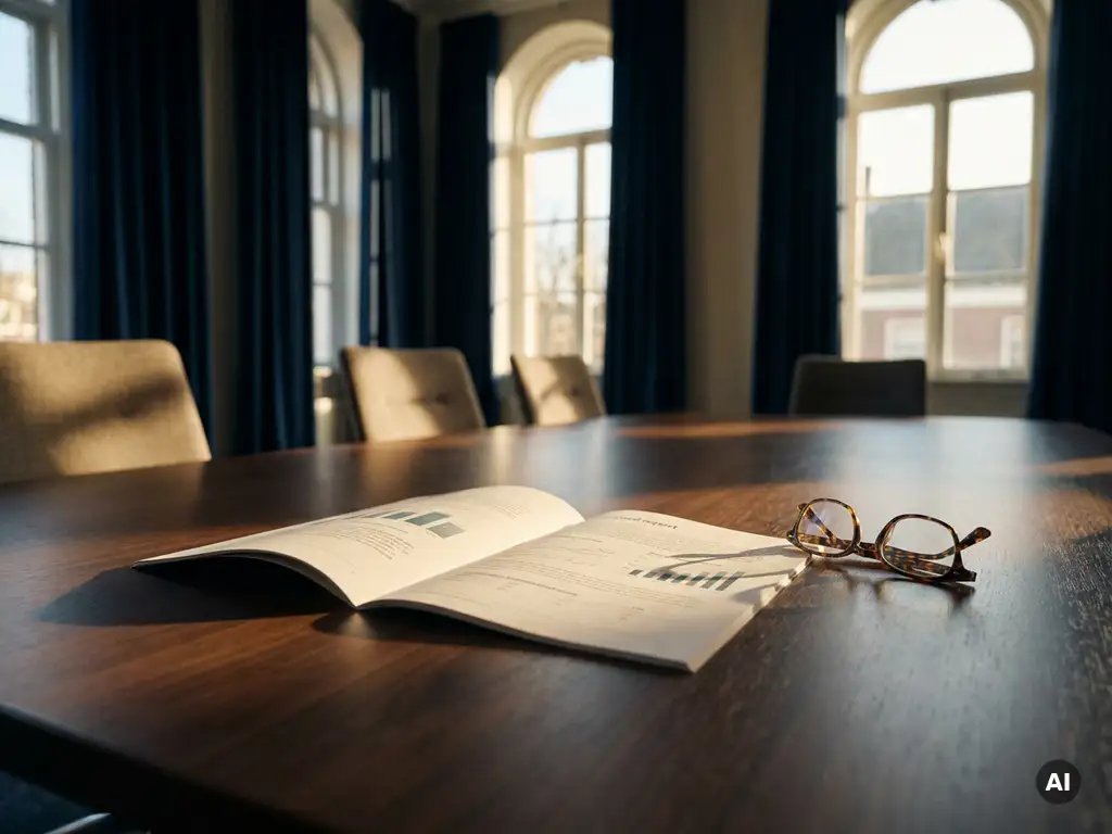 Opengeslagen jaarverslag op donker houten vergadertafel met leesbril, warm middaglicht door hoge ramen in stijlvolle boardroom.
