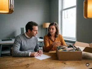 Klant en leverancier bespreken afwijkende levering aan eikenhouten tafel, met leveringsdocument en open doos met verkeerde inhoud.