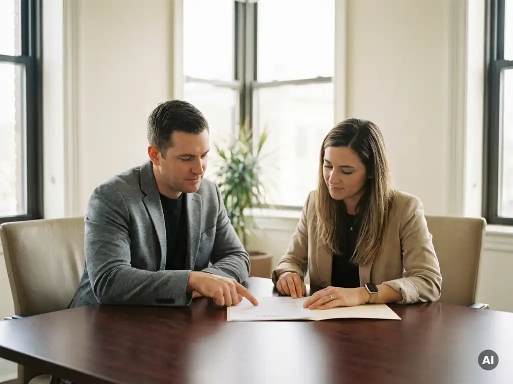 Twee professionals aan een vergadertafel die samen een contract bespreken, warm natuurlijk licht, zakelijke sfeer.