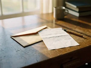 Onbetaalde factuur en verzegelde envelop op een verouderd eiken bureau, pen ernaast, zacht middaglicht met lange schaduwen.