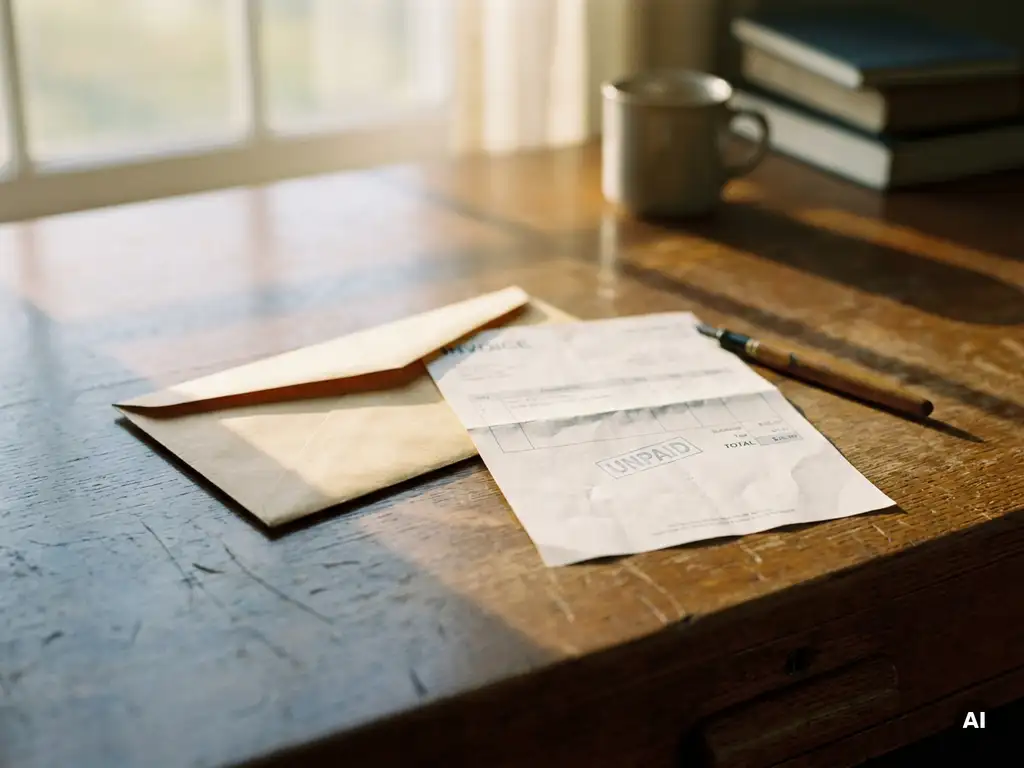 Onbetaalde factuur en verzegelde envelop op een verouderd eiken bureau, pen ernaast, zacht middaglicht met lange schaduwen.