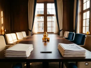 Twee stapels financiële documenten gescheiden op een vergadertafel, met een gedeelde pen ertussenin, warm natuurlijk licht door hoge ramen.