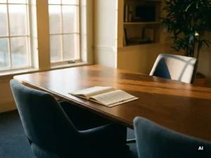 Lege boardroomtafel met opengeslagen document, twee uitgeschoven stoelen en warme middagzon die lange schaduwen werpt op eiken oppervlak.