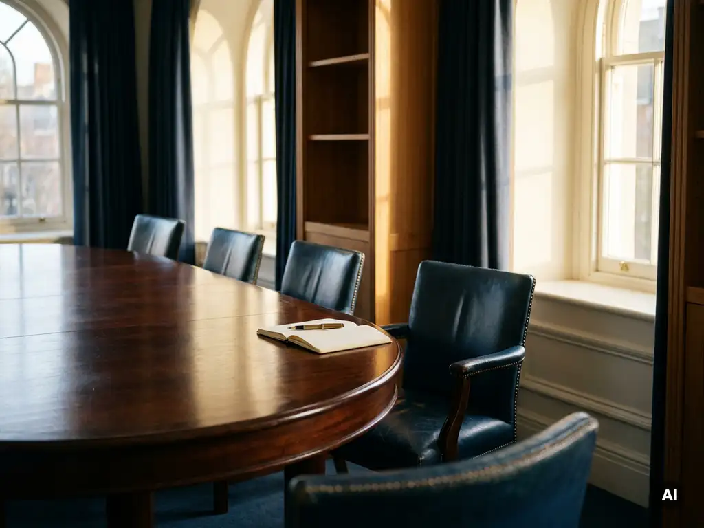 Lege vergaderruimte met ovale houten tafel, leren stoelen en open notitieboek bij raam met middaglicht.