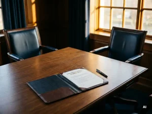 Formeel beloningsdocument en vulpen op een gepolijste vergadertafel, twee lege directiestoelen in zacht tegenlicht.
