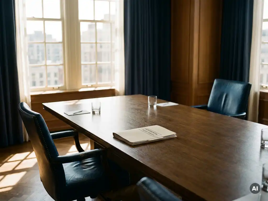 Lege leren stoelen aan weerszijden van een vergadertafel met een dossiermap in het midden, warm middaglicht door hoge ramen.