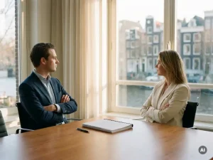 Twee zakelijke professionals met gekruiste armen aan een vergadertafel, blik afgewend, ongetekend document tussen hen in, uitzicht op Amsterdams kanaal.
