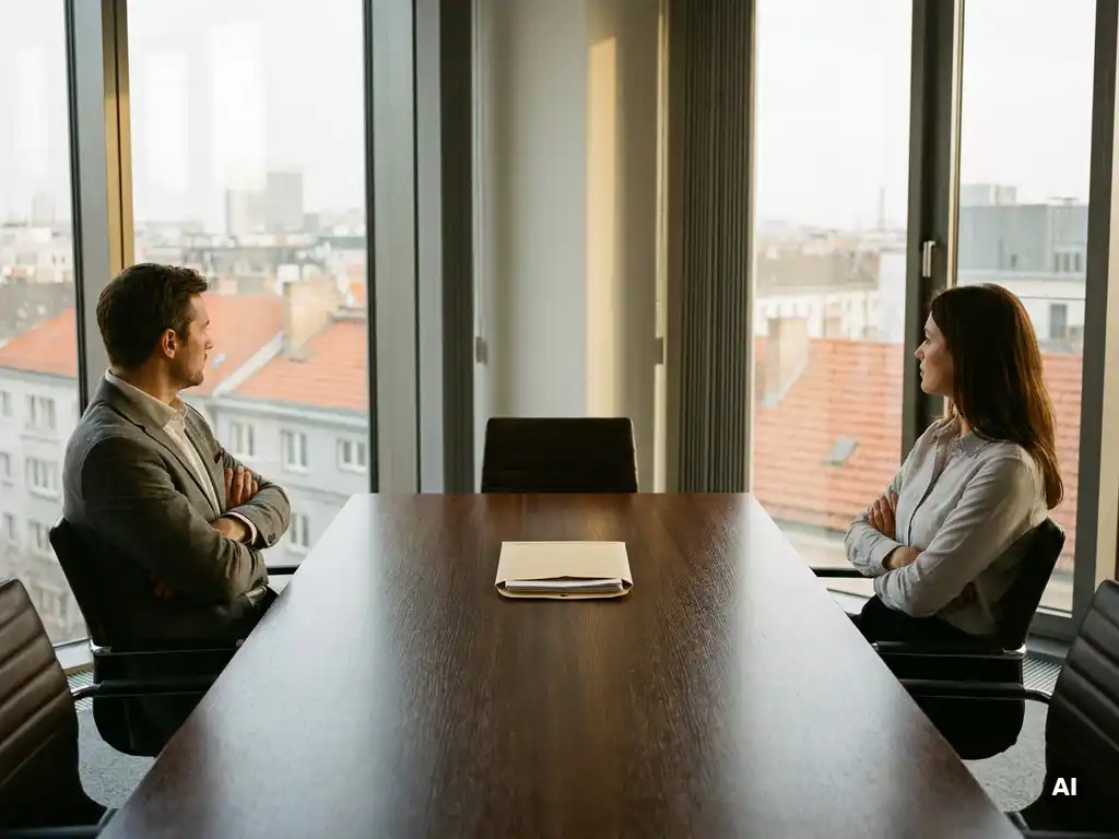 Twee zakelijke partners met gevouwen armen aan een vergadertafel, blikken afgewend, ongetekend document tussen hen in, modern Amsterdams kantoor.