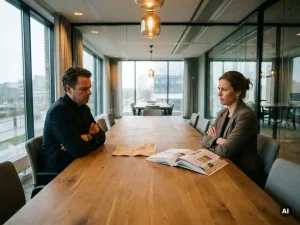 Twee professionals met gekruiste armen aan vergadertafel met verfrommelde leveringsbon en productcatalogus tijdens gespannen zakelijk overleg.