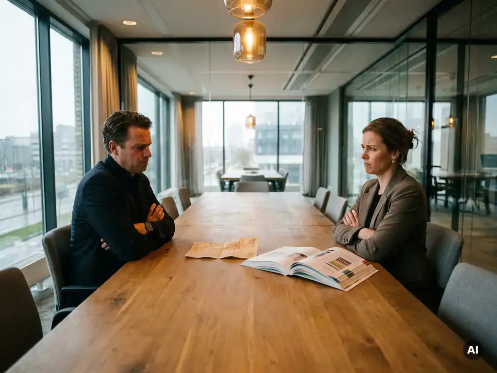 Twee professionals met gekruiste armen aan vergadertafel met verfrommelde leveringsbon en productcatalogus tijdens gespannen zakelijk overleg.