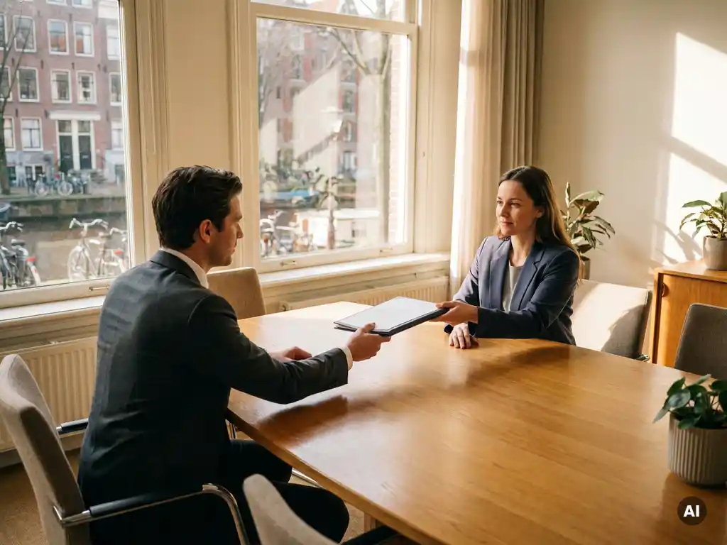 Twee zakelijke professionals aan een eikenhouten tafel, één schuift een contract toe in een rustig kantoor met uitzicht op een Amsterdamse gracht.