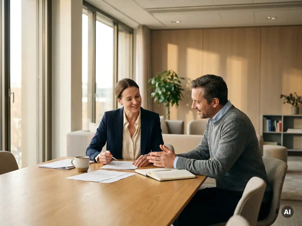 Twee zakelijke professionals in gesprek aan een eiken vergadertafel in een modern Nederlands kantoor met warm natuurlijk licht.