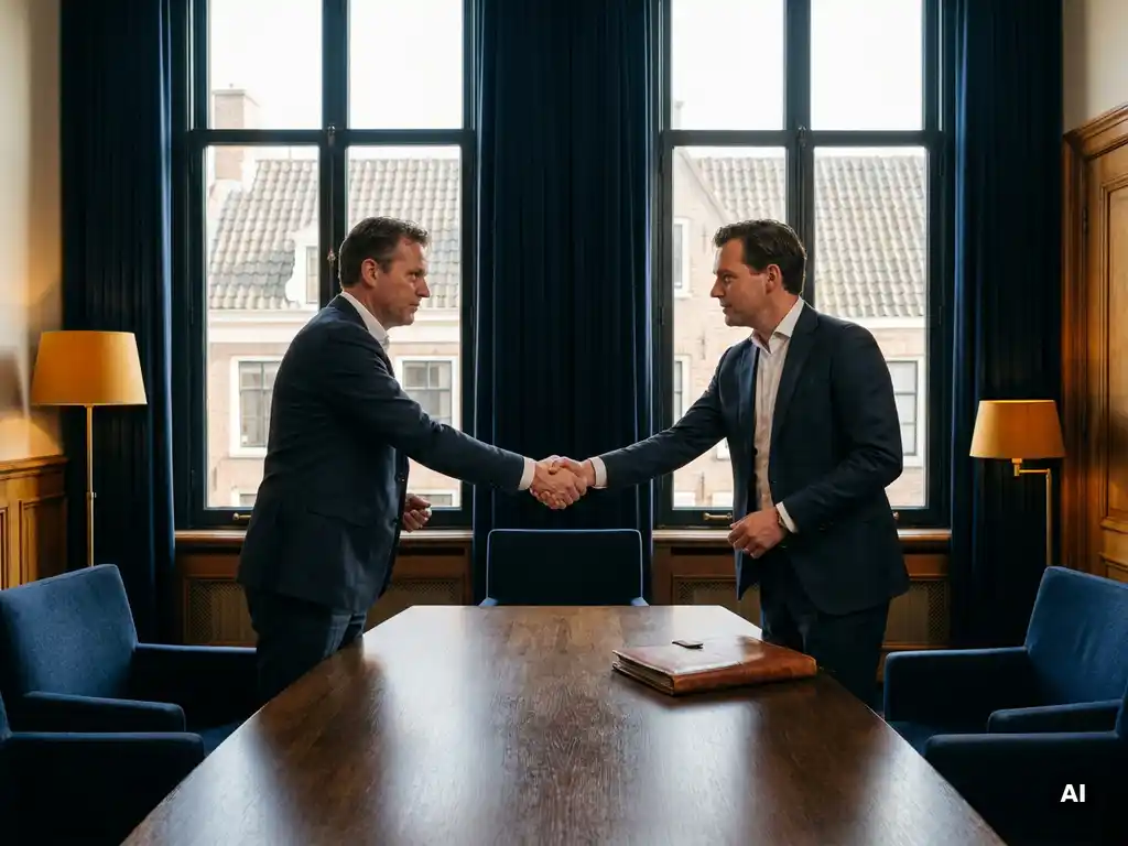 Handdruk tussen twee zakelijke partners in een Nederlandse vergaderzaal, met leren contractmap op eikenhouten tafel en kanaaldaken op achtergrond.
