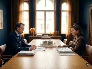 Twee zakelijke partners in impasse aan eikenhouten vergadertafel met financiële documenten en schaalmodel gebouw, warm amberkleurig licht.