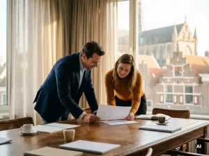 Twee zakelijke professionals in constructief overleg aan een houten vergadertafel, met aantekeningen en documenten, uitzicht op Haarlemse daken.