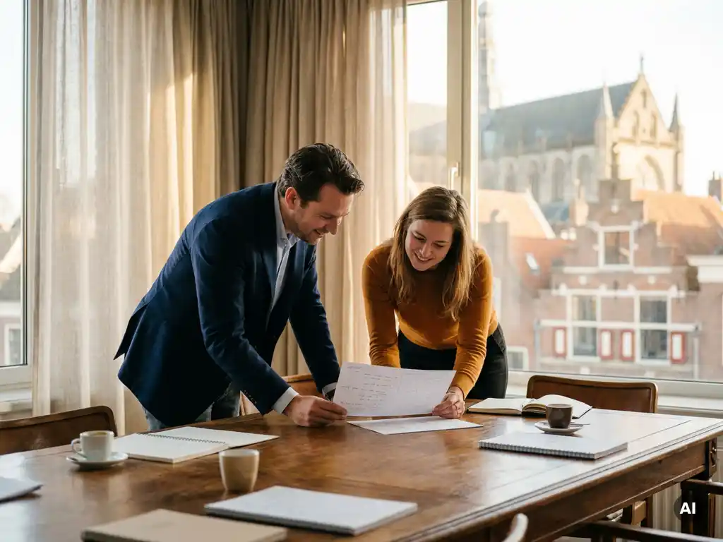 Twee zakelijke professionals in constructief overleg aan een houten vergadertafel, met aantekeningen en documenten, uitzicht op Haarlemse daken.