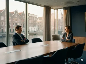 Twee zakelijke partners met gekruiste armen aan een vergadertafel in een boardroom met uitzicht op Amsterdamse grachten.