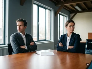Twee zakelijke partners in pak zitten zwijgend tegenover elkaar aan vergadertafel, armen gekruist, ongetekend document tussen hen in.