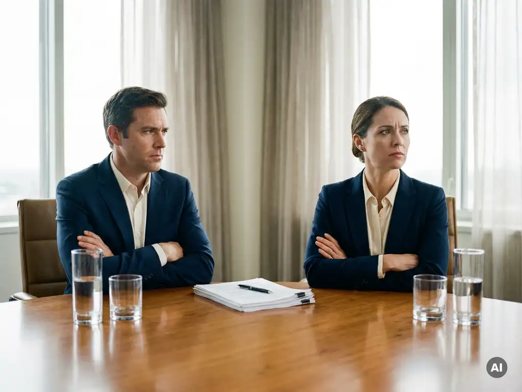 Twee zakelijke executives zitten zwijgend tegenover elkaar aan een vergadertafel met ondertekende documenten tussen hen in.
