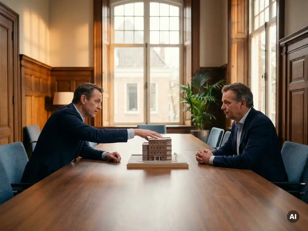 Twee zakelijke partners aan een vergadertafel met een schaalmodel van een bedrijfspand, gespannen maar beheerste lichaamstaal, warm natuurlijk licht.