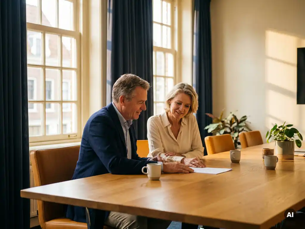 Twee zakelijke partners bekijken samen een formeel document aan een eiken vergadertafel, warm natuurlijk licht door hoge ramen.