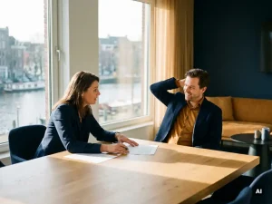 Twee zakelijke partners bespreken bedrijfsdocumenten aan een eiken vergadertafel in een modern Nederlands kantoor.