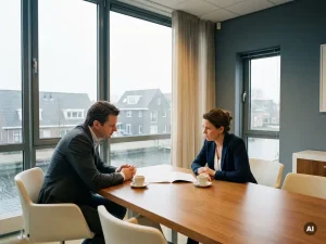 Twee zakelijke partners in maatpakken aan een vergadertafel met een gedeeld document, moderne Nederlandse kantooromgeving met stadsuitzicht.