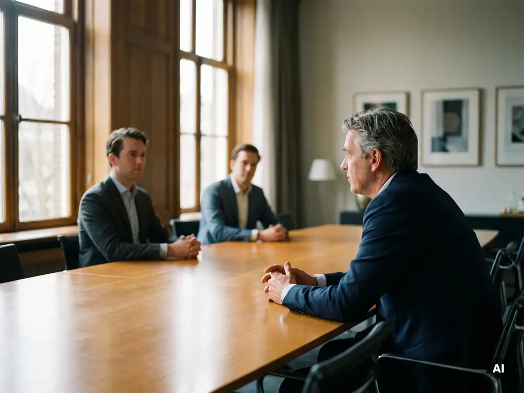 Directeur aan vergadertafel met gevouwen handen tegenover twee collega's in pak, subtiele spanning, warm eikenhout en marineblauw kantoorinterieur.